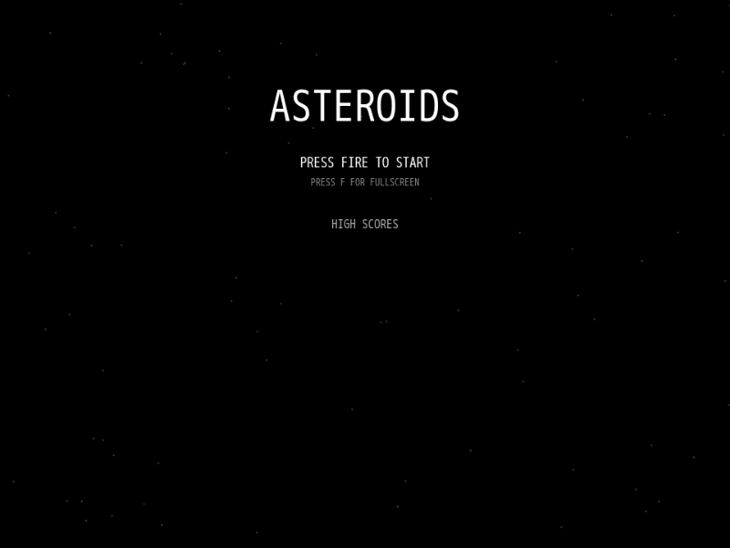 Asteroids title screen: white vector text on a black starfield background