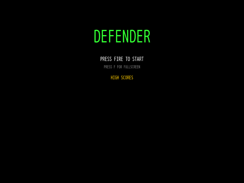 Defender title screen: green vector text on a black starfield background