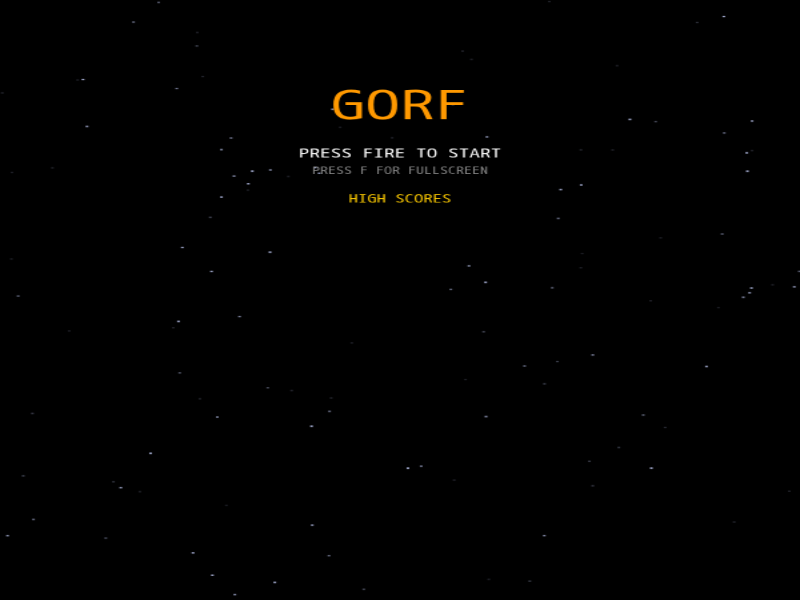 Gorf title screen: orange text on a black starfield background