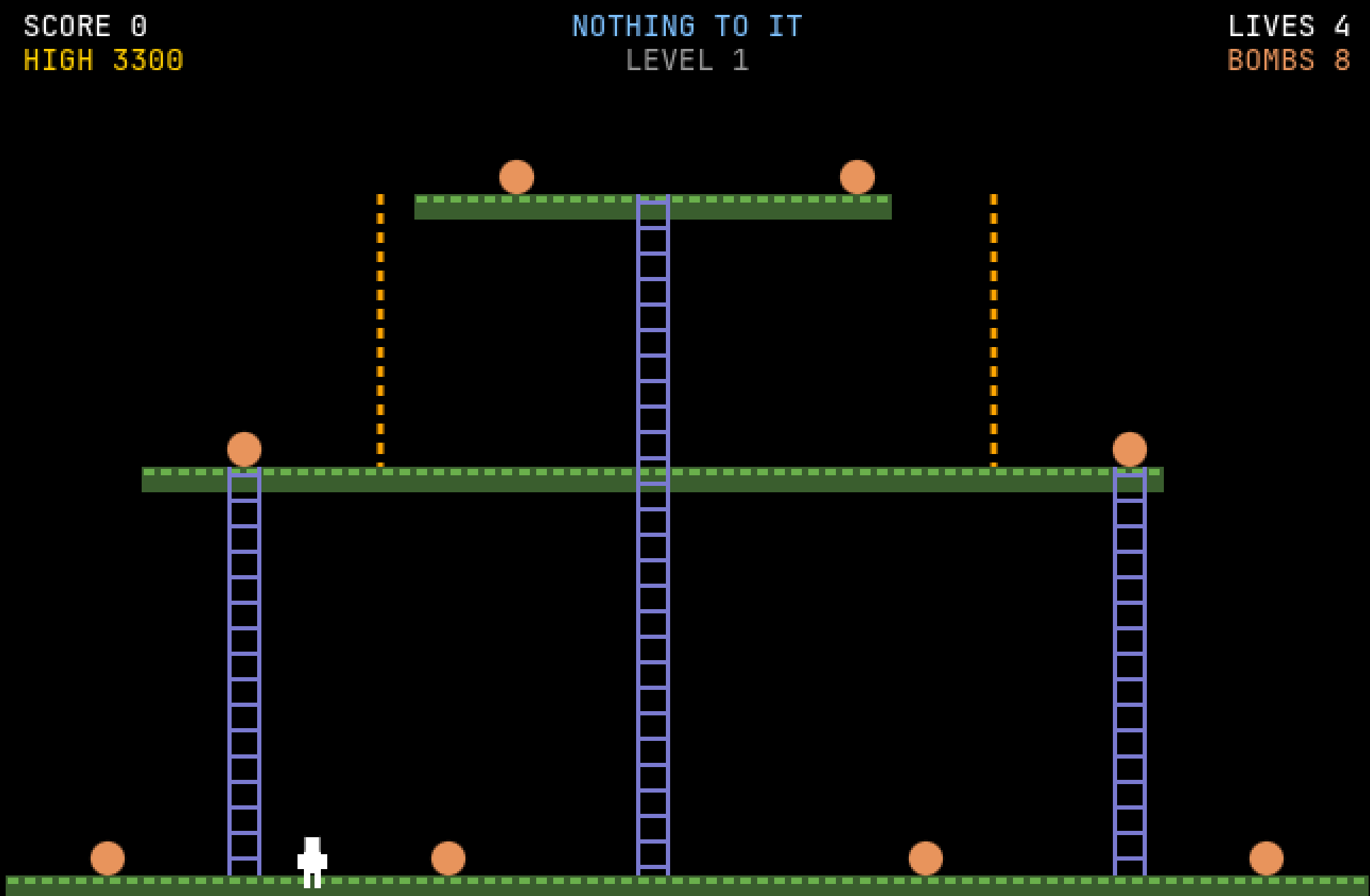 Jumpman Jr. title screen: blue ladders and green dashed platforms on a black background